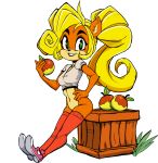  activision anthro bandicoot blonde_hair bottomless clothed clothing coco_bandicoot crash_bandicoot_(series) crate female green_eyes hair hi_res legwear mammal marsupial midriff simple_background solo stockings teevo thigh_highs video_games white_background wumpa_fruit 