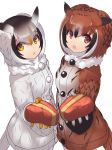  2girls :o bangs black_hair brown_coat brown_hair coat eurasian_eagle_owl_(kemono_friends) eyebrows_visible_through_hair eyes_visible_through_hair fur_collar gloves hair_between_eyes heart kemono_friends looking_at_viewer multicolored_hair multiple_girls northern_white-faced_owl_(kemono_friends) orange_hair red_eyes short_hair simple_background tadano_magu valentine white_background white_coat white_gloves white_hair yellow_gloves 