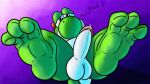  2020 3_toes anthro ball balls barefoot belly big_balls big_feet big_penis bodily_fluids butt cum digital_media_(artwork) dinosaur english_text erection feet feral fol foot_focus genital_fluids genitals glans green_body green_scales green_yoshi head_tilt lying male mario_bros nintendo on_back paws penis presenting presenting_hindquarters presenting_penis reptile scales scalie simple_background soles solo text toes video_games white_belly yoshi 