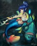 absurdres ahoge anglerfish armpits bare_arms bare_shoulders blank_eyes blue_hair blue_nails bow_(weapon) bra bracelet breasts cleavage collarbone commentary dark dated english_commentary fingernails fins fish full_body gold_bracelet gorget hand_on_another&#039;s_head highres holding holding_bow_(weapon) holding_weapon illicium jewelry kelp long_fingernails looking_to_the_side medibang_paint_(medium) mermaid monster_girl navel necklace no_pupils original outstretched_arm pink_eyes pink_lips pointy_ears scales seashell_hair_ornament seashell_necklace sharp_teeth shell shell_bikini sideboob sidelocks signature strapless strapless_bra submerged teeth toned underwater underwear upper_teeth v-shaped_eyebrows victor_nguyen weapon white_bra 