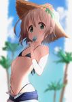  1girl bangs bikini black_bikini blue_shorts blurry blurry_background blush breasts commentary_request day flower food food_in_mouth green_eyes grey_hair hand_on_hip hat hat_flower holding holding_food kohshibasaki looking_at_viewer micro_bikini navel popsicle short_hair short_shorts shorts small_breasts solo standing stomach straw_hat swimsuit tree underboob yama_no_susume yukimura_aoi 