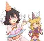  2girls alternate_costume animal_ears black_hair blonde_hair blush_stickers cake cake_slice dollar_sign double_bun food fork haniwa_(statue) hat heart holding inaba_tewi jitome joutouguu_mayumi looking_at_viewer midriff multiple_girls navel neck_ribbon notice_lines one_eye_closed party_hat pink_shirt plate purple_neckwear purple_ribbon red_eyes ribbon shirt smile smug touhou wool_(miwol) yellow_eyes 