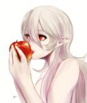  1girl bangs corrin_(fire_emblem) corrin_(fire_emblem)_(female) fire_emblem fire_emblem_fates food fruit hair_between_eyes holding holding_food holding_fruit long_hair nude open_mouth pointy_ears red_apple red_eyes signature silver_hair simple_background slit_pupils solo straight_hair upper_body very_long_hair white_background yori_(a_a_yori) 