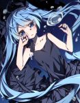  1girl absurdly_long_hair absurdres ahoge aosaki_yato black_dress blue_eyes blue_nails bubble cowboy_shot crying crying_with_eyes_open dress dutch_angle frilled_dress frills hands_up hatsune_miku highres light_blue_hair long_hair looking_at_viewer nail_polish open_mouth shinkai_shoujo_(vocaloid) solo tears twintails underwater very_long_hair vocaloid wiping_tears 