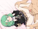  1boy 1girl barefoot bow closed_mouth fire_emblem fire_emblem:_three_houses flayn_(fire_emblem) garreg_mach_monastery_uniform green_eyes green_hair hair_ornament highres long_hair long_sleeves lying on_back penis pillow smile solo_focus spread_legs uniform yaomai 