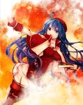  1girl bangs blue_eyes blue_hair boots breasts capelet dutch_angle fire_emblem fire_emblem:_the_binding_blade floating_hair hair_between_eyes hat holding kero_sweet lilina_(fire_emblem) long_hair magic medium_breasts miniskirt open_mouth outstretched_arm pantyhose pleated_skirt red_capelet red_footwear red_headwear red_legwear skirt solo standing thigh_boots thighhighs very_long_hair white_skirt 