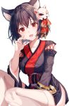  1girl absurdres animal_ear_fluff animal_ears azur_lane bangs black_hair black_kimono blush breasts cat_ears collarbone commentary_request eyebrows_visible_through_hair fang highres huge_filesize japanese_clothes kimono large_breasts looking_at_viewer mask mask_on_head open_mouth red_eyes short_hair simple_background smile solo tess_(88884) thighhighs white_background white_legwear yamashiro_(azur_lane) 