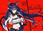  1girl ;d animal_ears arknights bangs belt black_belt black_gloves blaze_(arknights) blue_eyes blue_hair breasts cat_ears character_name commentary_request crop_top eyebrows_visible_through_hair gloves hair_between_eyes high_collar highres kakeru_(kakeru) large_breasts long_hair looking_at_viewer midriff navel one_eye_closed open_mouth pouch red_background smile solo stomach upper_body very_long_hair 