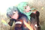  1boy 1girl arrow_(projectile) ashe_ubert back-to-back bangs breasts byleth_(fire_emblem) byleth_(fire_emblem)_(female) closed_mouth fire_emblem fire_emblem:_three_houses green_eyes green_hair hair_between_eyes holding holding_arrow holding_sword holding_weapon long_hair medium_breasts shiny shiny_hair signature silver_hair sword weapon yori_(a_a_yori) 