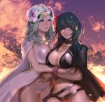  2girls bikini black_bikini blue_eyes blue_hair breasts byleth_(fire_emblem) byleth_(fire_emblem)_(female) cleavage closed_mouth cloud fire_emblem fire_emblem:_three_houses fire_emblem_heroes flower green_eyes green_hair hair_flower hair_ornament highres large_breasts long_hair multiple_girls parted_lips rhea_(fire_emblem) ruo_candyyyy sky smile swimsuit 