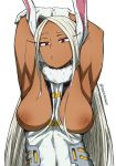  2020 7:10 animal_humanoid breasts brown_body brown_skin clothed clothing exposed_breasts eyelashes female hair hi_res humanoid lagomorph lagomorph_humanoid leporid_humanoid mammal mammal_humanoid miruko my_hero_academia nipples partially_clothed rabbit_humanoid raised_arm red_eyes shoganight simple_background solo white_background white_hair 