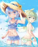  2girls alternate_costume arm_up ass ball beachball bikini bikini_skirt blue_bikini blue_eyes blue_hair blue_sky breasts cirno cloud collarbone commentary cowboy_shot daiyousei day eyebrows_visible_through_hair fairy_wings flower from_side green_bikini green_eyes green_hair hair_between_eyes hair_flower hair_ornament hair_ribbon hand_on_headwear hat holding holding_ball looking_at_viewer medium_breasts midriff multiple_girls navel nibosi ocean open_mouth outdoors ponytail rectangular_eyewear ribbon short_hair sky small_breasts smile straw_hat summer sunburn sunflower_hair_ornament sweat swimsuit touhou upper_teeth wading water_drop wings 