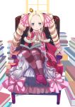  1girl beatrice_(re:zero) blonde_hair blue_eyes bow capelet chair crown dated dress drill_hair full_body fur-trimmed_capelet fur_trim hair_bow indoors kero_sweet long_dress long_hair looking_at_viewer mini_crown neck_ribbon pantyhose pink_ribbon re:zero_kara_hajimeru_isekai_seikatsu red_capelet red_dress red_footwear ribbon signature sitting solo striped striped_bow striped_legwear triangle_mouth twin_drills twintails very_long_hair white_background 