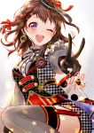  2020 ;d bang_dream! bangs black_gloves bow braid brown_hair cowboy_shot dated french_braid frills garter_straps gloves grey_legwear hair_bow hair_ornament happy_birthday hat hat_bow highres jewelry looking_at_viewer one_eye_closed open_mouth outstretched_arm puffy_sleeves purple_eyes red_bow side_braid single_earring smile star_(symbol) star_hair_ornament thighhighs toyama_kasumi v zof_(kinokoruru) 