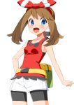  1girl :d absurdres bangs bike_shorts black_shorts blue_eyes blush bow breasts brown_hair collarbone contrapposto cowboy_shot hair_bow hairband hand_on_hip haruka_(pokemon) highres long_hair open_mouth pokemon pokemon_(game) pokemon_oras red_hairband red_shirt shiny shiny_hair shirt short_shorts shorts shorts_under_shorts simple_background sleeveless sleeveless_shirt small_breasts smile solo standing striped striped_bow twintails white_background white_shorts yuihiko 