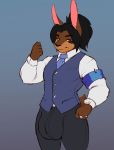  2019 absurd_res anthro armband black_hair black_sclera brown_body brown_fur clothed clothing colored_sketch dress_shirt faizenek fist fully_clothed fur hair hi_res lagomorph long_ears male mammal muscular necktie orange_eyes ponytail ring scut_tail shirt simple_background solo straight_hair topwear vest 