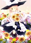  1girl ;d akane_hazuki bangs black_skirt blonde_hair bouquet bow eyebrows_visible_through_hair flower gradient_hair hair_between_eyes hat hat_bow holding holding_bouquet kirisame_marisa long_hair long_skirt looking_at_viewer multicolored_hair one_eye_closed open_mouth shirt silver_hair skirt smile solo striped striped_background sunflower touhou very_long_hair white_bow white_shirt yellow_eyes yellow_flower 