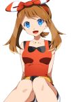 1girl :d absurdres arms_behind_back bangs bike_shorts black_shorts blue_eyes bow breasts brown_hair collarbone hair_bow hairband haruka_(pokemon) highres long_hair looking_at_viewer medium_breasts open_mouth pokemon pokemon_(game) pokemon_oras red_hairband red_shirt shiny shiny_hair shirt short_shorts shorts shorts_under_shorts simple_background sitting sleeveless sleeveless_shirt smile solo striped twintails white_background white_shorts yuihiko 