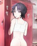  1girl ? ass blush bottomless bra confused copyright_request cowboy_shot diamond-shaped_pupils godekasu highres key locker locker_room looking_at_viewer looking_back parted_lips purple_eyes purple_hair short_hair solo symbol-shaped_pupils underwear 