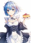  1girl absurdres bangs black_sleeves blackberry_(fruit) blue_eyes blue_hair blueberry blush breasts cake cleavage commentary_request detached_sleeves dress eyebrows_visible_through_hair food frilled_sleeves frills fruit hair_ornament hair_over_one_eye hair_ribbon highres holding holding_plate looking_at_viewer maid maid_headdress medium_breasts open_mouth parted_bangs pink_ribbon plate re:zero_kara_hajimeru_isekai_seikatsu rem_(re:zero) ribbon short_hair simple_background smile solo strawberry tess_(88884) white_background x_hair_ornament 