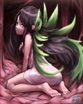  1girl absurdres arm_support ass bangs barefoot between_legs big_hair black_hair blue_eyes breasts closed_mouth commentary dark dated deviantart_username dress english_commentary flesh from_behind green_wings hair_flaps hand_between_legs hand_on_own_chest highres hoai_vu long_hair looking_at_viewer looking_back medibang_paint_(medium) saya saya_no_uta shiny shiny_hair short_dress sidelocks signature sitting sleeveless sleeveless_dress small_breasts solo swept_bangs taut_clothes taut_dress toes very_long_hair wariza white_dress wings 
