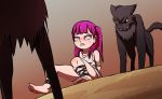  ambiguous_gender barefoot blush bodily_fluids bound canid canine canis clothed clothing domestic_dog e254e female feral fur group hair hands_behind_back hi_res human magi_the_labyrinth_of_magic mammal morgiana pink_eyes pink_hair scared sitting tears teeth 