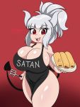  3:4 apron apron_only big_breasts breasts clothed clothing demon dessert digital_media_(artwork) female food hair helltaker hi_res horn horned_humanoid huge_breasts humanoid long_hair looking_at_viewer lucifer_(helltaker) mature_female mole_(marking) mostly_nude not_furry nr_ac red_eyes simple_background smile solo spade_tail text thick_thighs tongue video_games white_body white_hair white_horn 