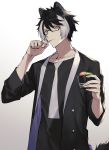 1boy animal_ears black_coat black_hair buttons closed_mouth coat collarbone cup dog_ears glasses gradient gradient_background highres holding holding_cup holostars in_mouth kageyama_shien looking_at_viewer male_focus multicolored_hair namakawa short_hair simple_background solo streaked_hair tail upper_body virtual_youtuber white_hair yellow_eyes 