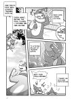  animal_genitalia balls black_and_white blush bodily_fluids buizel clothed clothing comic dialogue duo embarrassed english_text feral floatzel fur genitals hi_res lester_(risenpaw) male monochrome ness_(risenpaw) nintendo open_mouth pok&eacute;mon pok&eacute;mon_(species) risenpaw sheath smile speech_bubble spraying_water sweat sweatdrop swimming_pool swimwear text video_games 