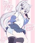  1girl :d animal_ear_fluff animal_ears ass bangs black_footwear black_legwear blue_eyes blue_jacket blue_neckwear blue_panties blue_skirt blush cat_ears cat_girl cat_tail collared_shirt commentary_request eyebrows_visible_through_hair fang grey_hair hair_between_eyes hair_ornament highres holding holding_microphone jacket kneehighs long_hair long_sleeves low_twintails microphone off_shoulder open_clothes open_jacket open_mouth original panties pleated_skirt sakuraba_hikaru_(loveindog) shirt shoe_soles shoes sidelocks signature single_kneehigh single_thighhigh skirt smile solo standing standing_on_one_leg striped striped_background tail thighhighs translation_request twintails underwear vertical_stripes very_long_hair white_shirt x_hair_ornament 