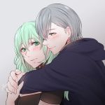  1boy 1girl arms_around_neck ashe_ubert bangs breasts byleth_(fire_emblem) byleth_(fire_emblem)_(female) cleavage closed_mouth couple eyebrows_visible_through_hair fire_emblem fire_emblem:_three_houses green_eyes green_hair grey_background hair_between_eyes hood hood_down hug hug_from_behind long_hair medium_breasts profile shiny shiny_hair shiny_skin signature silver_hair simple_background smile yori_(a_a_yori) 