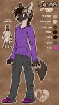 2020 5_fingers anthro biped black_nose bottomwear brown_background brown_hair canid canine claws clothed clothing color_swatch digital_media_(artwork) english_text felisrandomis fingers footwear front_view fully_clothed fur grey_body grey_bottomwear grey_clothing grey_fur grey_horn grey_pants grey_tail hair hi_res hoodie horn looking_at_viewer male mammal maned_wolf model_sheet pants pink_eyes purple_clothing purple_hoodie purple_topwear shoes short_hair simple_background solo standing text topwear 