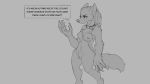  16:9 after_transformation anthro breasts canid canine canis chest_tuft claws collar dialogue english_text female fur genitals grey_background mammal monochrome nipples nude pussy simple_background solo text transformation tuft watsup widescreen wolf 