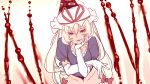  &gt;:) 1girl blonde_hair blood chin_rest dress elbow_gloves eyes eyeshadow frilled_dress frills gap_(touhou) gloves hair_ribbon hat hat_ribbon highres kawayabug leaning_forward long_hair makeup mob_cap puffy_short_sleeves puffy_sleeves purple_dress purple_eyes ribbon short_sleeves smirk solo touhou white_gloves yakumo_yukari 