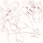  1boy 1girl bangs bar_censor blush censored collarbone completely_nude cropped_torso genderswap genderswap_(mtf) greyscale hetero highres humanization link long_hair looking_at_another male_pubic_hair monochrome nipples nude penis penis_awe pointy_ears pubic_hair sidon speech_bubble sweat the_legend_of_zelda the_legend_of_zelda:_breath_of_the_wild translation_request ttanuu. 