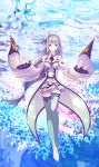  1girl 2016 ahoge bangs boots braid breasts cleavage crown_braid dated emilia_(re:zero) floating_hair flower full_body hair_flower hair_ornament hair_ribbon highres kero_sweet layered_skirt long_hair long_sleeves looking_at_viewer medium_breasts miniskirt pleated_skirt purple_eyes purple_ribbon re:zero_kara_hajimeru_isekai_seikatsu ribbon shiny shiny_hair shoulder_cutout signature silver_hair skirt smile solo thigh_boots thighhighs very_long_hair white_flower white_footwear white_skirt wide_sleeves zettai_ryouiki 