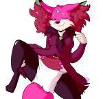  2020 absurd_res anthro breasts delphox diaper ear_tuft fan_character fangs fur hand_on_leg hi_res maynara multicolored_body multicolored_fur nintendo one_eye_closed pok&eacute;mon pok&eacute;mon_(species) red_eyes simple_background smile solo spread_legs spreading tuft video_games white_background 