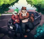  absurd_res anonymous_artist anthro bernbirk canid canine car couple_(romantic) fox hi_res honda_civic hybrid leaning_on_object ludd male male/male mammal parking_lot procyonid raccoon smiling_at_viewer tree vehicle 