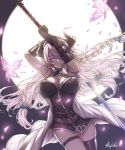  1girl arms_up belt black_legwear blue_eyes braid breasts brown_belt cleavage curled_horns draph full_moon granblue_fantasy hair_ornament hair_over_one_eye holding holding_sword holding_weapon horns ivris katana large_breasts lavender_hair leg_garter looking_at_viewer moon narmaya_(granblue_fantasy) pointy_ears single_braid solo sword thighhighs weapon 