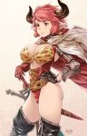 1girl artist_name asymmetrical_gloves black_gloves black_horns black_legwear breasts cape cross cross_earrings dated draph earrings gloves granblue_fantasy hand_on_hip horns ivris jewelry large_breasts looking_away pointy_ears red_eyes red_gloves red_hair short_hair solo standing sturm_(granblue_fantasy) sword thighhighs thighs weapon 