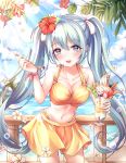  1girl absurdres aqua_eyes aqua_hair beach bikini bird blueberry cowboy_shot cream cup flamingo flower food fruit hair_flower hair_ornament hatsune_miku hibiscus highres holding holding_cup holding_food holding_spoon honeydew_(fruit) kiwi long_hair looking_at_viewer miniskirt navel ocean orange orange_bikini orange_skirt outdoors parfait pippin_sol red_flower skirt solo spoon standing strawberry swimsuit twintails very_long_hair vocaloid wafer wafer_stick watermelon 