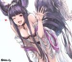  1girl ;d animal_ears bare_shoulders bent_over black_hair breasts cleavage detached_sleeves erune fox_ears fox_tail granblue_fantasy hand_up heart ivris looking_at_viewer medium_breasts navel one_eye_closed open_mouth purple_eyes simple_background smile solo tail twitter_username white_background wide_sleeves yuel_(granblue_fantasy) 