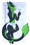  2018 5_fingers anthro applepup black_body black_fur bubble chest_tuft claws diaper fangs fingers fur green_body green_eyes green_fur hi_res long_tail navel open_mouth sergal solo toe_claws tuft 