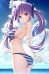  1girl ass bangs bare_arms bare_shoulders bikini blue_hair blue_ribbon blue_sky blush braid breasts closed_mouth cloud cloudy_sky commentary_request day eyebrows_visible_through_hair hair_ribbon highres hololive horizon large_breasts long_hair looking_at_viewer looking_to_the_side mac-kine minato_aqua multicolored_hair ocean outdoors purple_eyes purple_hair ribbon sidelocks sky solo striped striped_bikini swimsuit twintails two-tone_hair very_long_hair virtual_youtuber water 