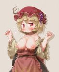  1girl aki_minoriko apron arinu beige_background blonde_hair breasts cleavage collarbone commentary_request flying_sweatdrops food food_themed_hair_ornament fruit grape_hair_ornament grapes hair_ornament half-closed_eyes hat highres looking_at_viewer medium_breasts mob_cap nipples red_apron red_eyes red_headwear shirt_down short_hair simple_background solo touhou wide_sleeves 