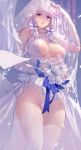  1girl azur_lane bare_shoulders blue_eyes blush bouquet breasts bridal_veil center_opening cleavage covered_nipples dress elbow_gloves eyebrows_visible_through_hair flower from_below garter_straps gloves hair_ornament hair_ribbon halter_dress highres holding holding_bouquet illustrious_(azur_lane) illustrious_(morning_star_of_love_and_hope)_(azur_lane) lace lace-trimmed_dress lace_panties large_breasts lifted_by_self long_hair looking_at_viewer low_twintails mole mole_under_eye open_mouth panties purple_eyes ribbon rose signature smile solo swd3e2 thighhighs tiara tress_ribbon tri_tails twintails underwear veil wedding_dress white_dress white_flower white_gloves white_hair white_legwear white_panties white_rose 