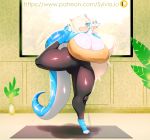  absurd_res anthro big_breasts blau_draconis blonde_hair blue_body bodily_fluids breasts cleavage clothed clothing dragon female hair hi_res huge_breasts solo stretching sweat sylviajo yoga_pants 