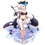  1girl arknights arm_up armpits bare_arms bare_shoulders barefoot bikini black_bikini black_headwear breasts cleavage collarbone frilled_bikini frills halter_top halterneck highres holding large_breasts leria_v long_hair looking_at_viewer low-tied_long_hair navel orca red_eyes sarong side-tie_bikini silver_hair simple_background skadi_(arknights) solo standing stomach string_bikini swimsuit sword thighs very_long_hair weapon white_background 