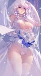  1girl azur_lane bare_shoulders bouquet breasts bridal_veil center_opening dress flower from_below garter_straps gloves hair_ribbon halter_dress highres holding holding_bouquet illustrious_(azur_lane) illustrious_(morning_star_of_love_and_hope)_(azur_lane) lace lace-trimmed_dress large_breasts long_hair open_mouth panties purple_eyes ribbon rose signature swd3e2 thighhighs tress_ribbon underwear veil wedding_dress white_dress white_flower white_gloves white_hair white_legwear white_panties white_rose 