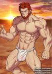  1boy abs bara beard body_hair bulge chest clenched_hand cloud cloudy_sky derivative_work facial_hair fate/grand_order fate/zero fate_(series) fundoshi iskandar_(fate) japanese_clothes kienbiu looking_at_viewer male_focus male_pubic_hair manly muscle navel nipples open_hand pectorals pubic_hair red_eyes red_hair shirtless sky smile solo sunrise upper_body 